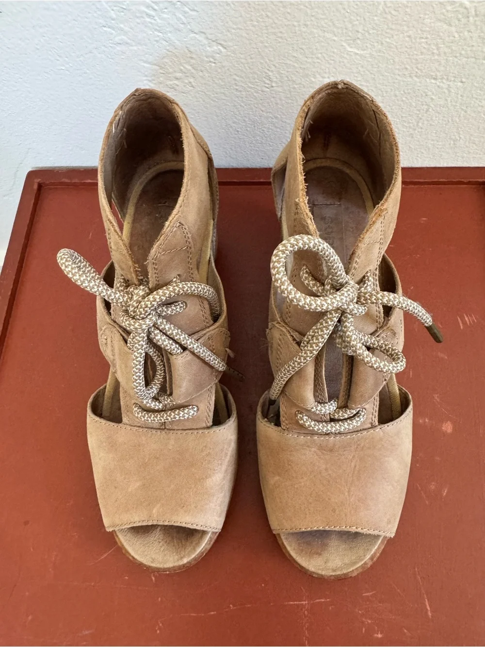 Sorel Joanie Full Grain Leather Lace Up Wedge Open Toe Sandals Tan Brown